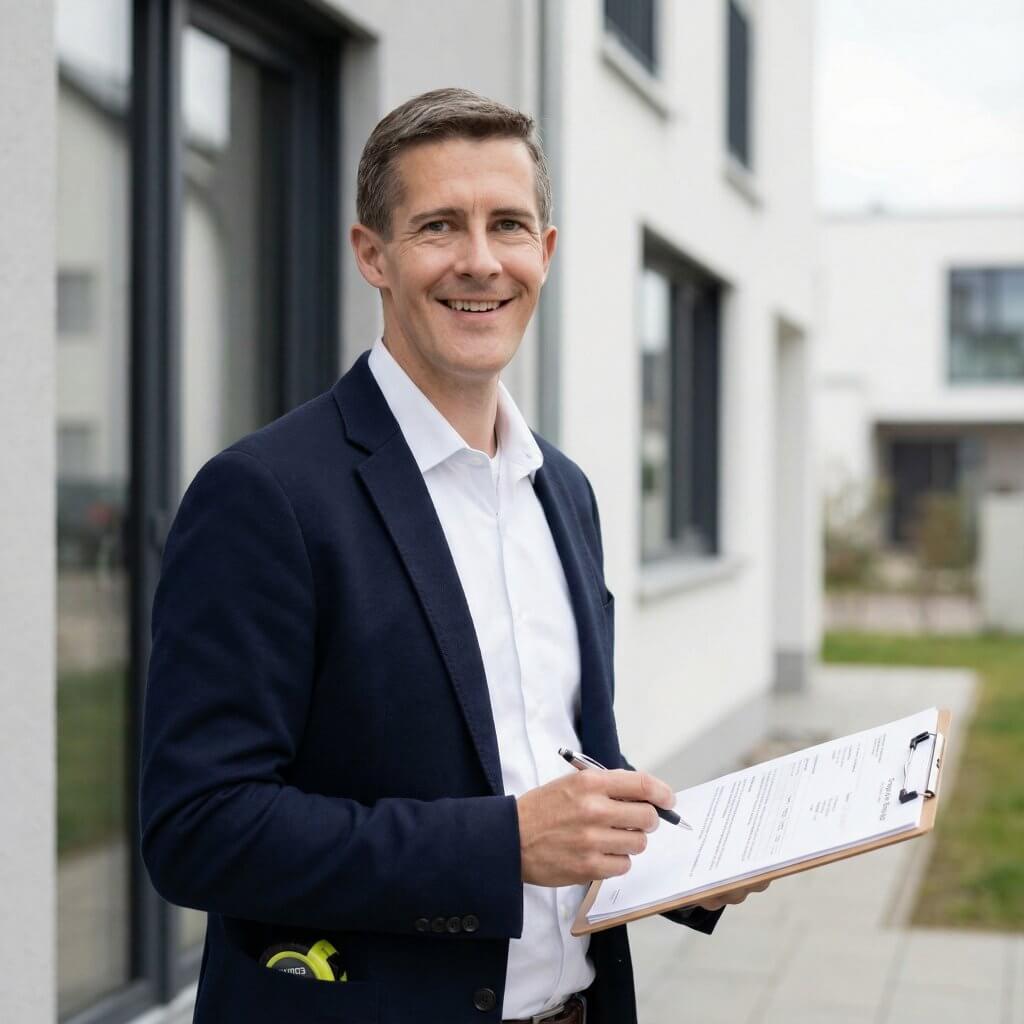 Ein lächelnder Mann im Anzug hält ein Klemmbrett und steht bereit für eine professionelle Immobilienbewertung vor einem modernen Gebäude