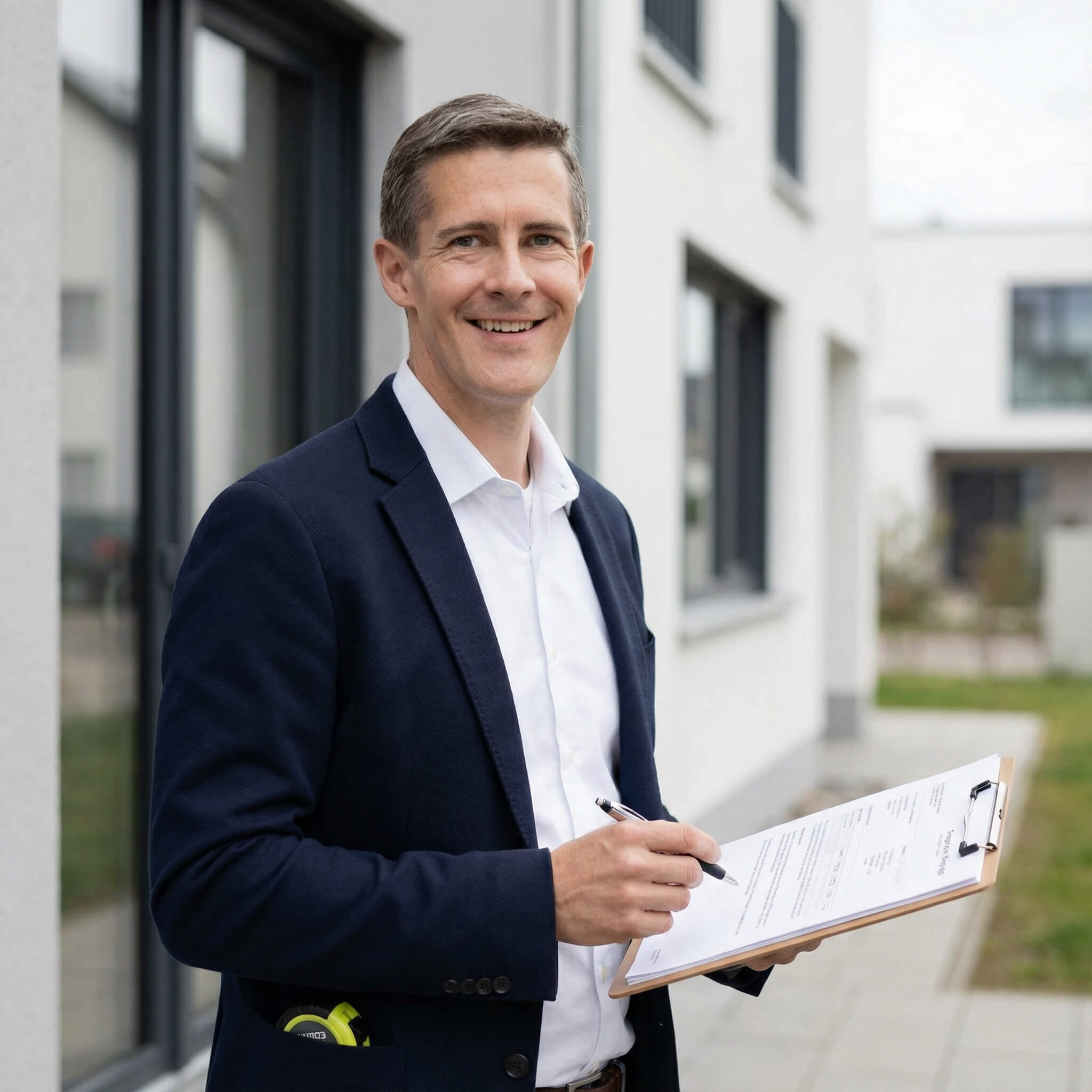 Ein lächelnder Mann im Anzug hält ein Klemmbrett und steht bereit für eine professionelle Immobilienbewertung vor einem modernen Gebäude