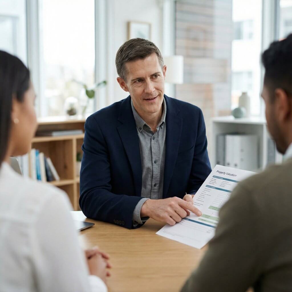 Ein Mann im Anzug erläutert zwei Personen am Tisch in einem hellen Büro eine Immobilienbewertung