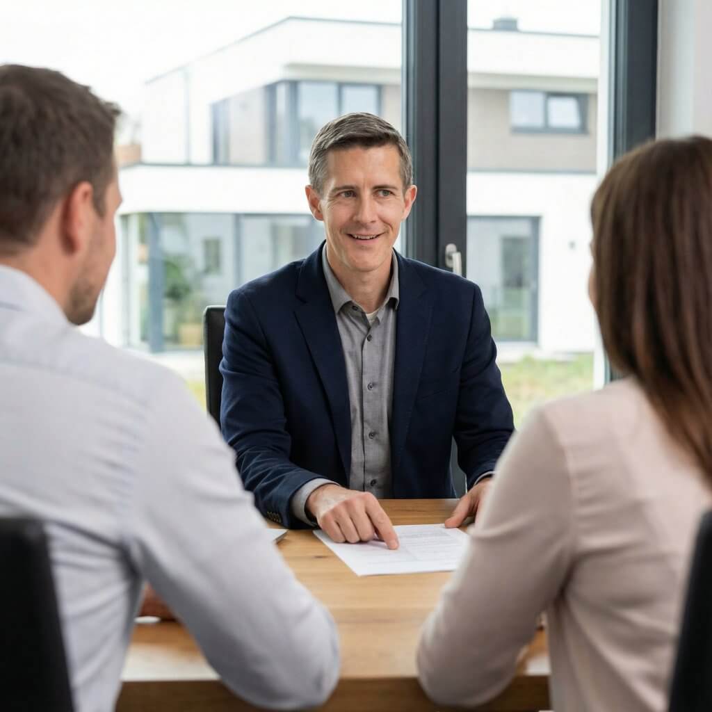 Ein Mann im Anzug bespricht die Immobilienbewertung mit einem Paar in einem modernen Büro mit großen Fenstern