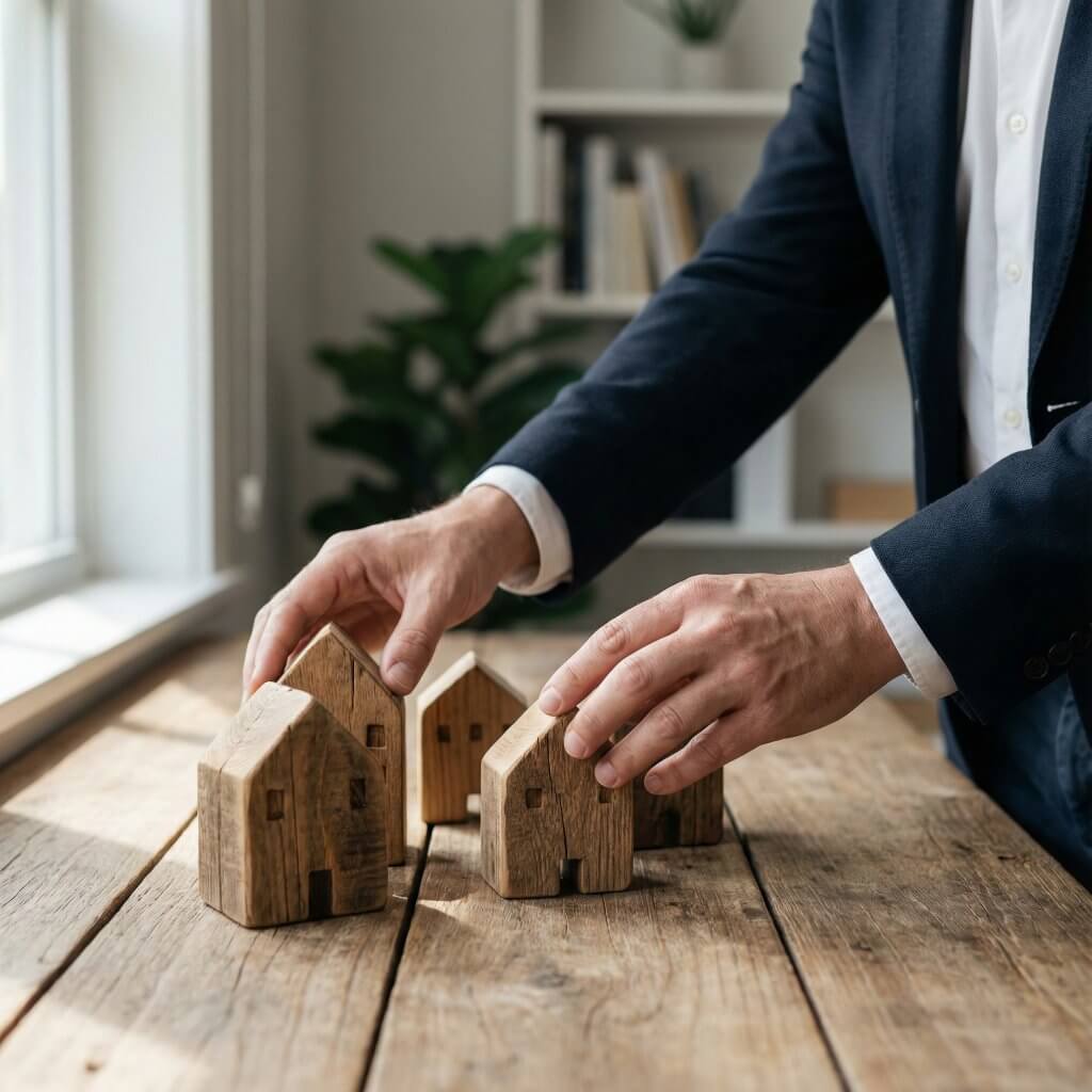 In einem hellen Raum ordnet eine Person im Anzug kleine Holzhaus-Modelle auf einem Tisch an, typisch für Immobilie verkaufen