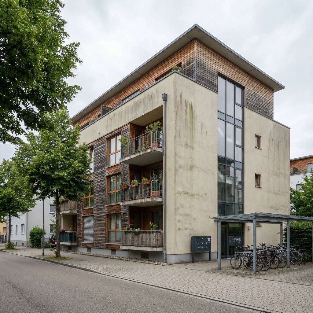 Modernes dreistöckiges Mehrfamilienhaus mit Balkonen in einer begehrten, von Bäumen gesäumten Lage, ideal zum Immobilie verkaufen