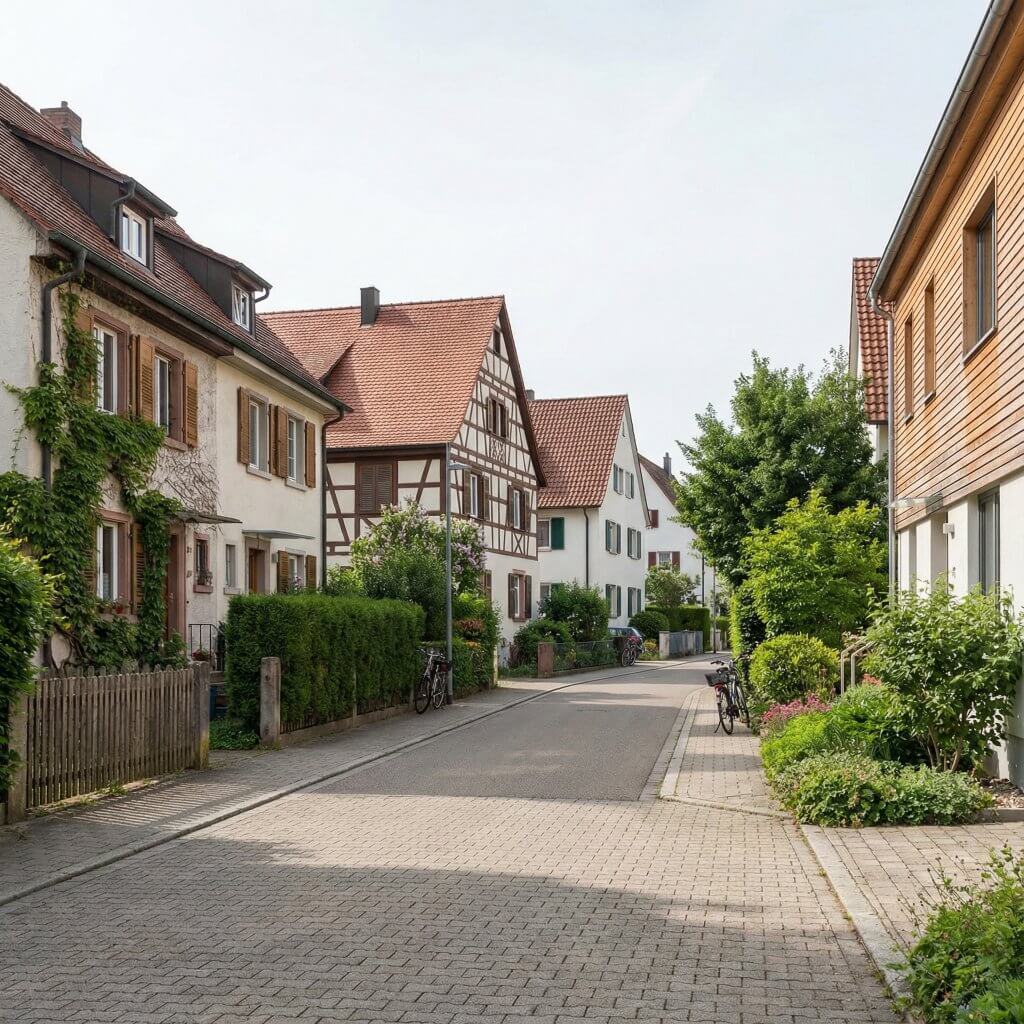 Ruhige Wohnstraße mit traditionellen europäischen Häusern, sonnig und malerisch – attraktiv für alle, die ihre Immobilie verkaufen möchten