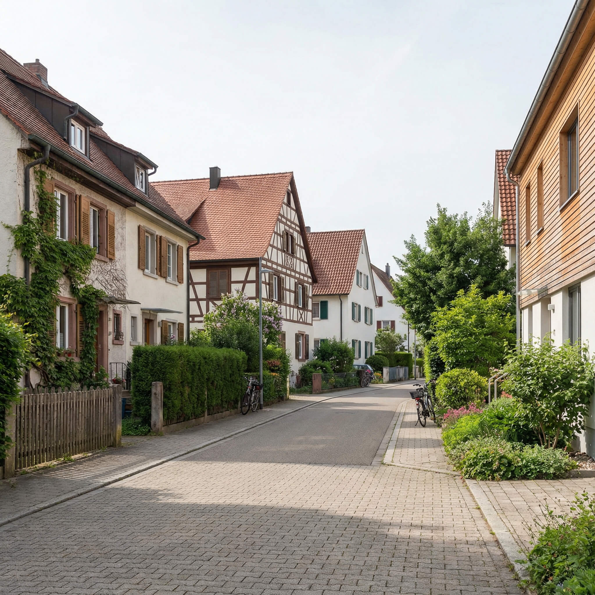 Ruhige Wohnstraße mit traditionellen europäischen Häusern, sonnig und malerisch – attraktiv für alle, die ihre Immobilie verkaufen möchten