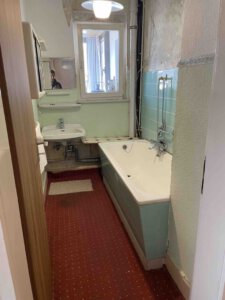 Schmales Badezimmer in einem Dreifamilienhaus mit rotem Teppich, grünen Fliesen, Badewanne, Waschbecken, Spiegel und Fenster am Ende