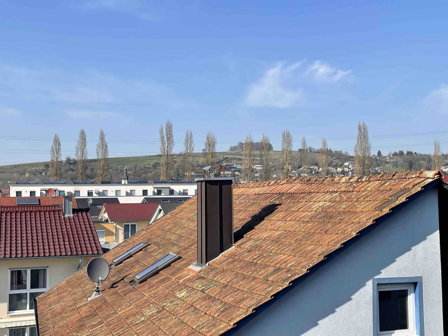 Das Dach eines Dreifamilienhauses mit Dachfenstern und Satellitenschüssel, im Hintergrund Bäume und Hügel unter blauem Himmel