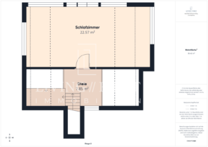 Im Obergeschoss des Architektenhauses in Schwanau gibt es ein großes Schlafzimmer (22,57 m²) und einen Flur (7,85 m²), deutsch beschriftet