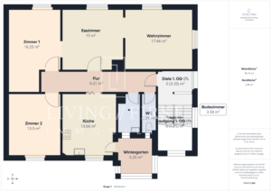 Grundriss eines Dreifamilienhauses mit beschrifteten Zimmern: Schlafzimmer, Küche, Wohn-/Essbereich, Wintergarten, WC und Bad
