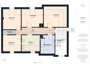 Grundriss eines Dreifamilienhauses mit vier Zimmern, Küche, Bad, zwei Fluren und Treppenhaus, alle Räume mit Quadratmeterangaben