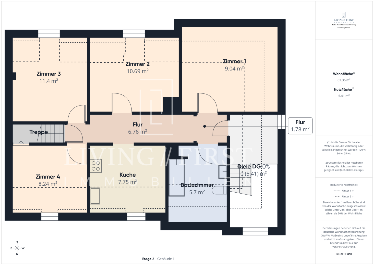 Grundriss eines Dreifamilienhauses mit vier Zimmern, Küche, Bad, zwei Fluren und Treppenhaus, alle Räume mit Quadratmeterangaben