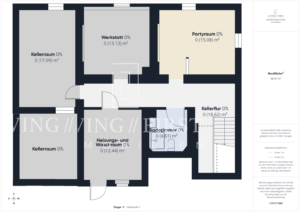 Grundriss eines Kellers in einem Dreifamilienhaus mit fünf Zimmern, Partykeller, Bad, Flur und Technikraum, alle Räume auf Deutsch beschriftet