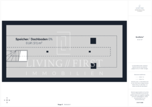 Dachgeschoss-Grundriss eines Dreifamilienhauses von Living First Immobilien mit beschrifteten Bereichen und Maßangaben auf Deutsch