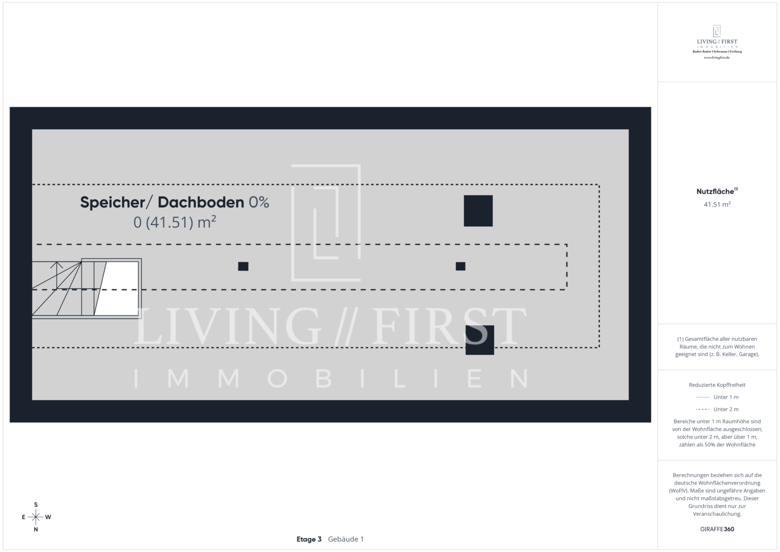 Dachgeschoss-Grundriss eines Dreifamilienhauses von Living First Immobilien mit beschrifteten Bereichen und Maßangaben auf Deutsch