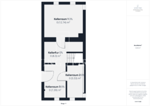 Schwarz-weißer Grundriss eines Schwanau-Kellers mit drei Kellerräumen, Flur und Flächenangaben in Quadratmetern
