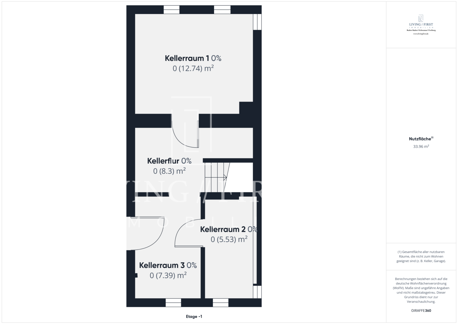 Schwarz-weißer Grundriss eines Schwanau-Kellers mit drei Kellerräumen, Flur und Flächenangaben in Quadratmetern