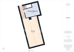Grundriss für Kapitalanleger mit Hauptraum (21,12 m²), möglichem Bad (4,12 m²), Flur und einem Kompass unten links