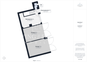 Grundriss eines Dreifamilienhauses mit Garagen, Hauswirtschaftsraum, Eingang und WC, alle Flächen sind in Quadratmetern angegeben