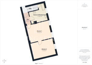 Grundriss einer Kapitalanlegerwohnung mit zwei Zimmern, Flur, Küche und Bad auf 50,2 m² Wohnfläche, Norden unten links