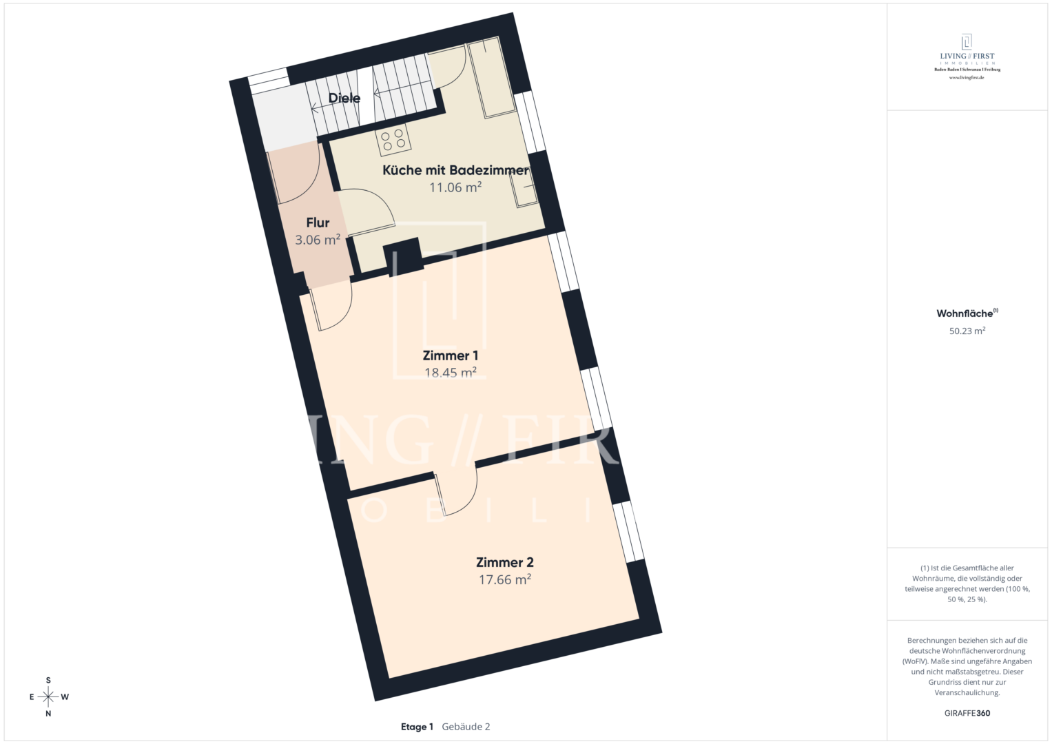 Grundriss einer Kapitalanlegerwohnung mit zwei Zimmern, Flur, Küche und Bad auf 50,2 m² Wohnfläche, Norden unten links