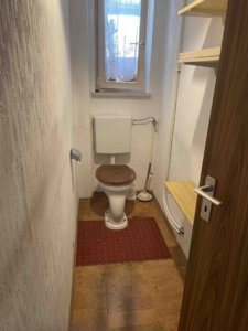 Schmales Bad in einem Dreifamilienhaus mit Toilette, braunem Sitz, rotem Teppich, Regalen rechts und kleinem Fenster oben