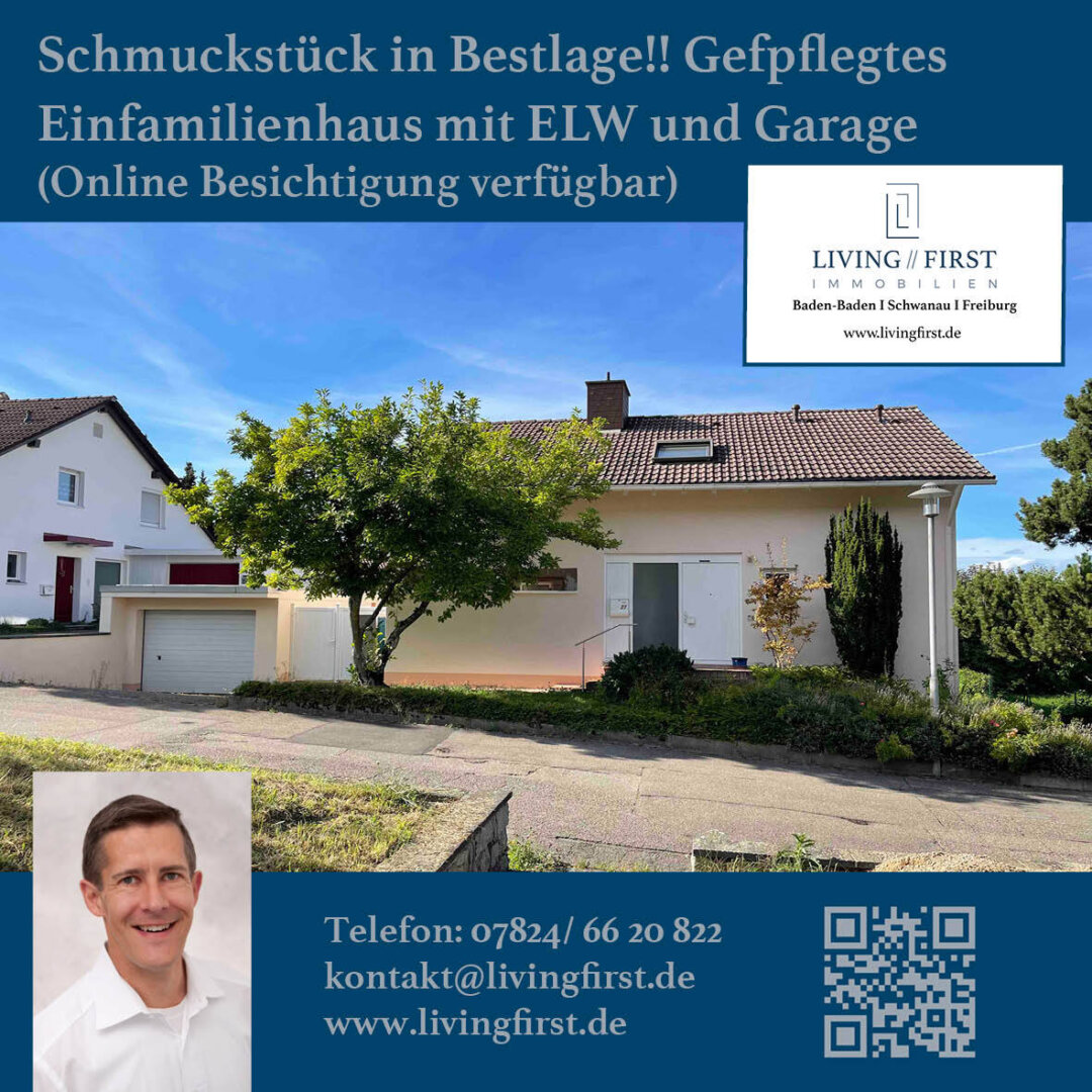 Weißes Einfamilienhaus mit Garage, gepflegtem Garten und breiter Einfahrt, provisionsfrei; Maklerkontakt und -foto sichtbar, deutscher Text