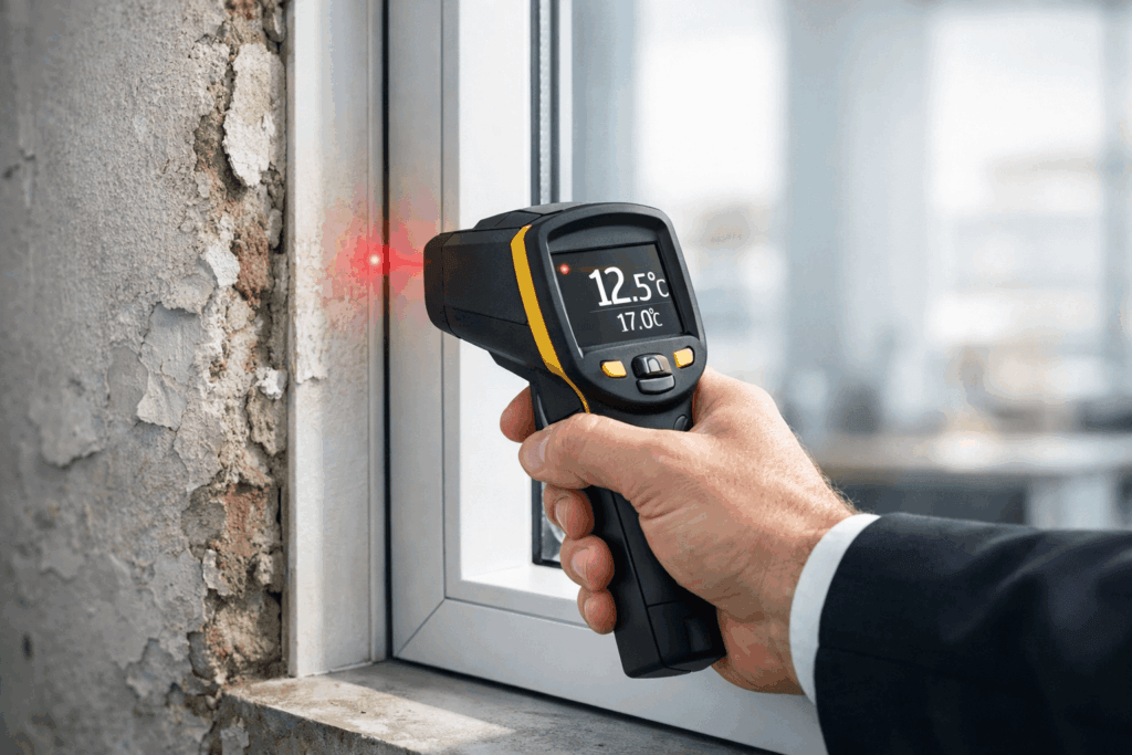Eine Hand misst mit einem Infrarotthermometer die Temperatur am Fensterrahmen nach Fenstertausch Altbau, Display zeigt 12,5°C