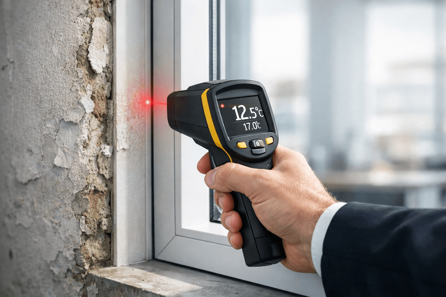 Eine Hand misst mit einem Infrarotthermometer die Temperatur am Fensterrahmen nach Fenstertausch Altbau, Display zeigt 12,5°C