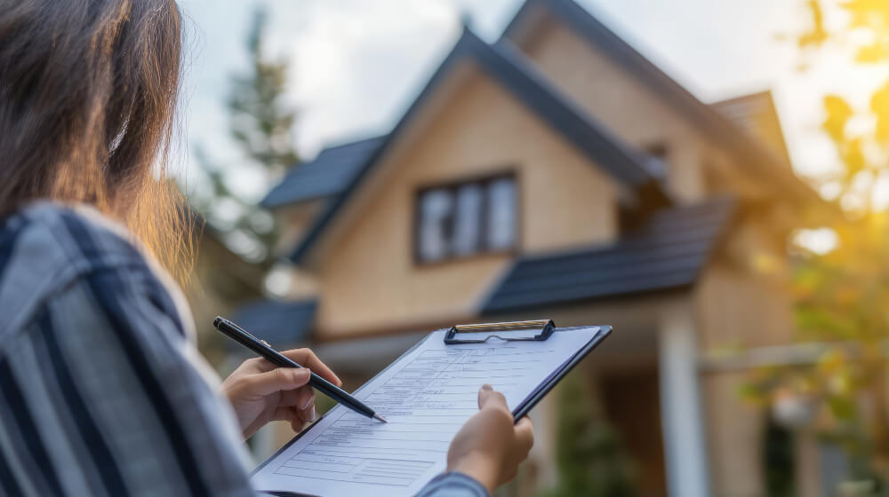Eine Person mit Klemmbrett und Stift begutachtet bei Tageslicht ein Haus, ähnlich wie bei der Überprüfung eines automatisch gespeicherten Entwurfs