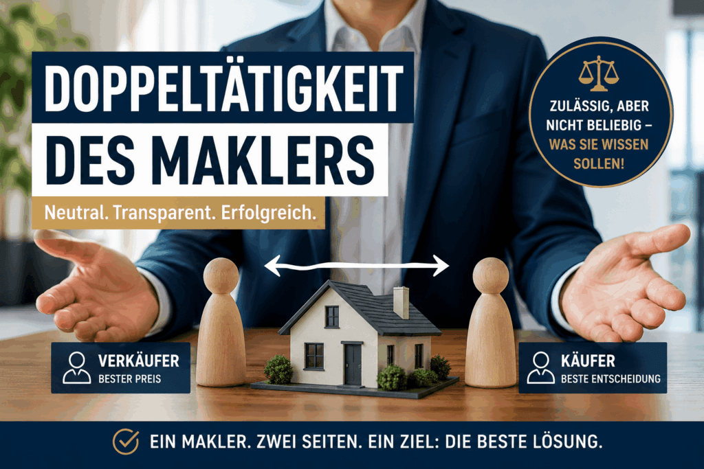 Ein Makler im Anzug vermittelt zwischen Verkäufer und Käufer bei einem Hausverkauf und veranschaulicht damit die Doppelrolle des Maklers