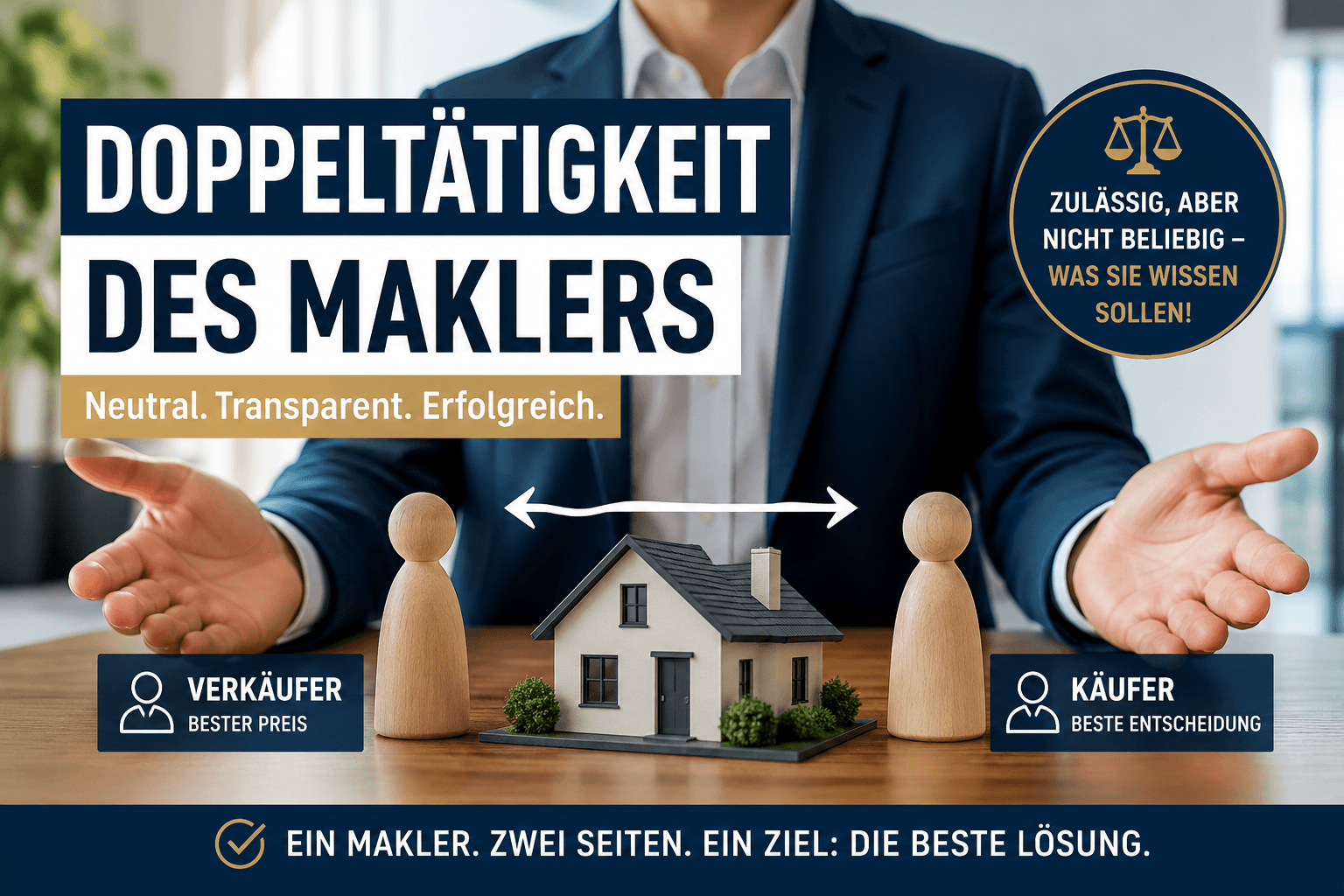 Ein Makler im Anzug vermittelt zwischen Verkäufer und Käufer bei einem Hausverkauf und veranschaulicht damit die Doppelrolle des Maklers