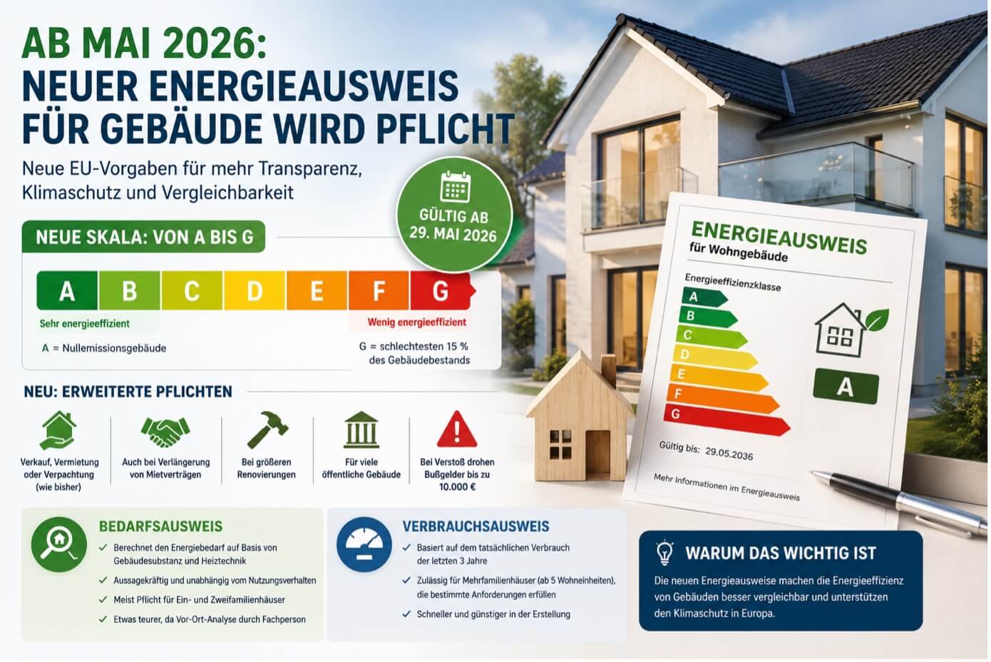 Infografik zum Energieausweis 2026 mit neuen Energieklassen, Stichtagen und aktualisierten Anforderungen für alle Gebäude