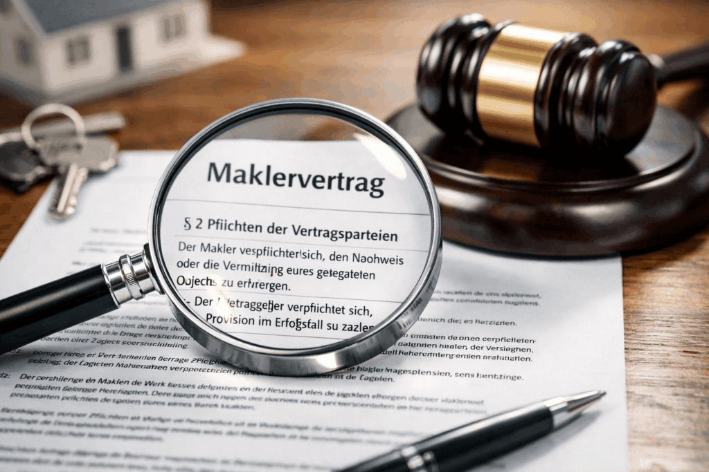 Eine Lupe vergrößert einen deutschen Maklervertrag; im Hintergrund liegen ein Richterhammer, Schlüssel und ein Hausmodell