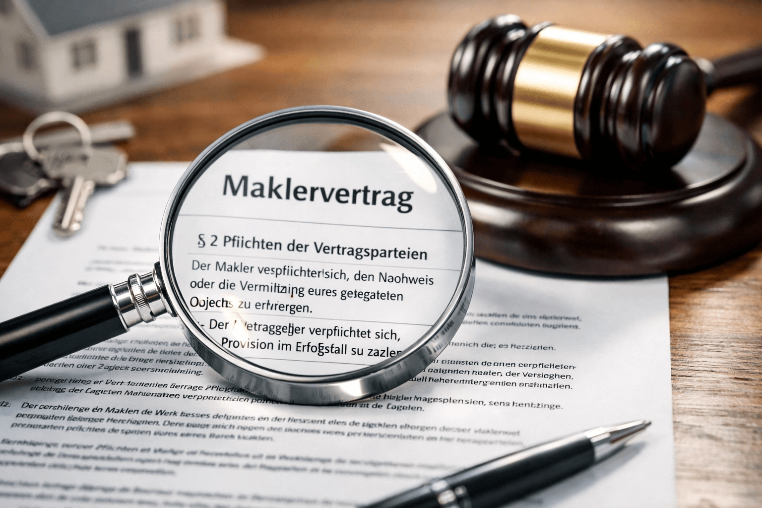 Eine Lupe vergrößert einen deutschen Maklervertrag; im Hintergrund liegen ein Richterhammer, Schlüssel und ein Hausmodell